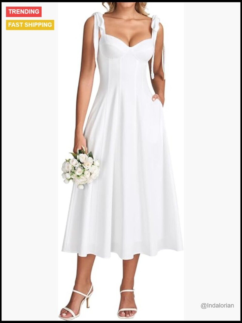 Floral Corset Midi Dress Tie Shoulder Flowy Sundress with Pockets